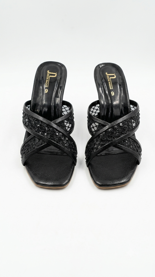 Elegant Sequin Lace Cross-Strap Heeled sandals