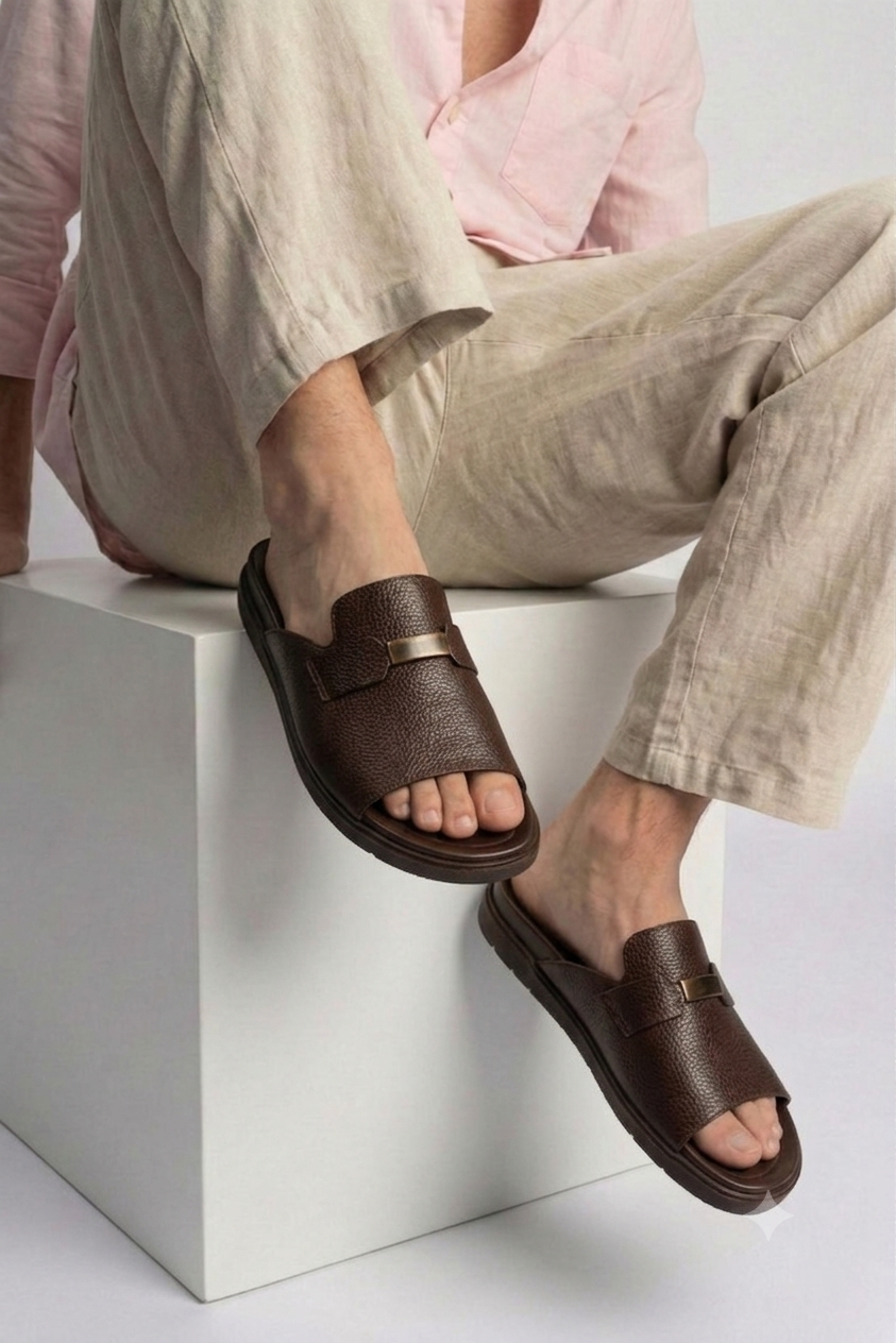 Men's Premium Textured Leather Slide Slippers