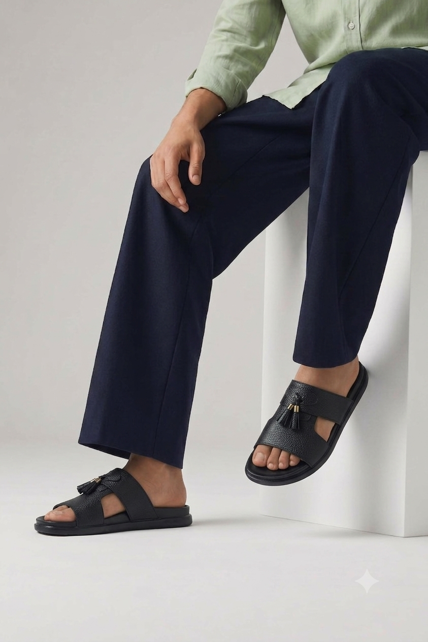 Men's Premium Textured Leather Tassel Slippers