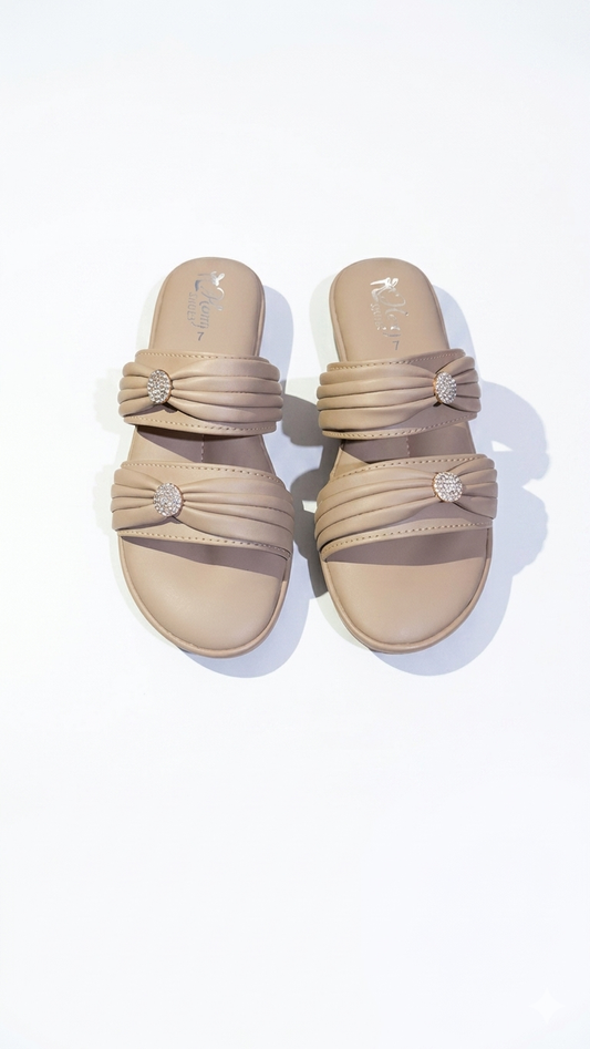 Elegant Ruched Dual-Strap Embellished Slides