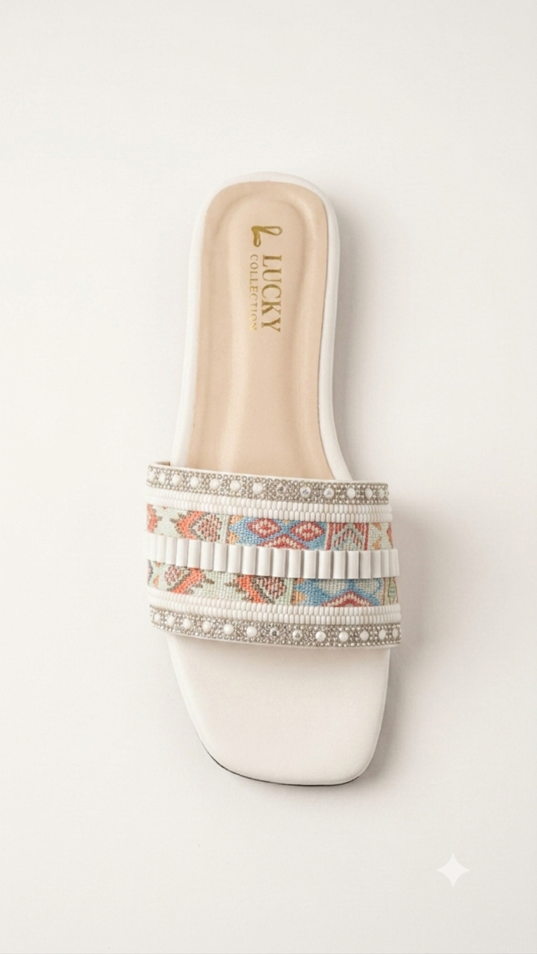 Women's White Embroidered Slide Sandals