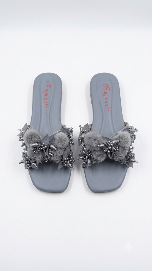Elegance Embellished Faux-Fur Slide Slippers