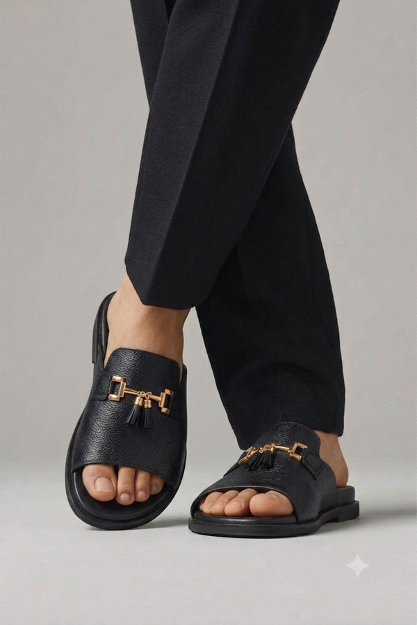 Men's Textured Leather Tassel Slide slippers